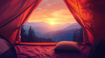 Spacious camping tent with a panoramic view of a mountain landscape at sunset.