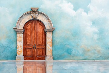 Watercolor Painting of an Old Wooden Door.