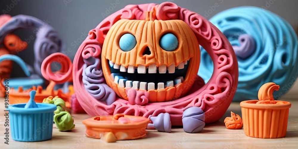 Poster A colorful pumpkin with a smiley face is surrounded by other colorful objects