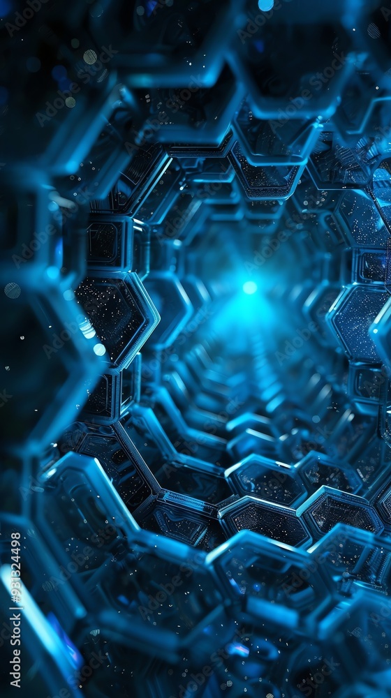 Poster vibrant blue hexagonal pattern creating a tunnel effect, showcasing a futuristic and abstract design