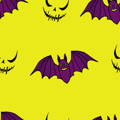 Seamless vector Halloween pattern with colorful bats. Simple doodle style