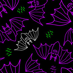 Seamless vector Halloween pattern with colorful bats. Simple doodle style