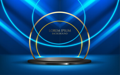 golden ring and glowing circle laser light lines,black stage presentation and marketing banner,vector illustration award banner and blue display background.