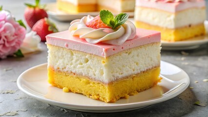 Indulge in a slice of tres leches cake, boasting a soft and moist texture, pastel hues of pink and yellow, and an elegant presentation.