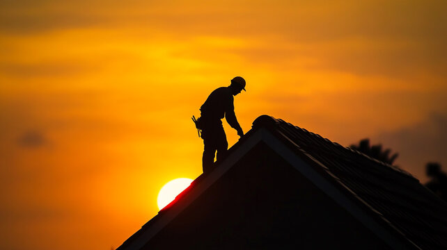 Roofer working on a residential rooftop during sunset in a warm evening light