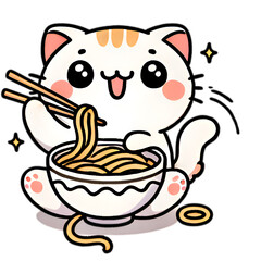 Cute Cat Eating Ramen Illustration In kawaii style