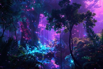 A holographic forest, with trees and plants glowing softly in the dark.