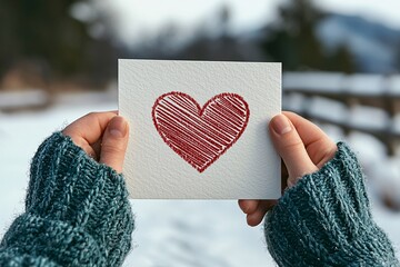 Hand Holding a Card with a Red Heart on a Winter Background.
