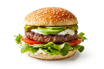Avocado burger with fresh vegetables on white background