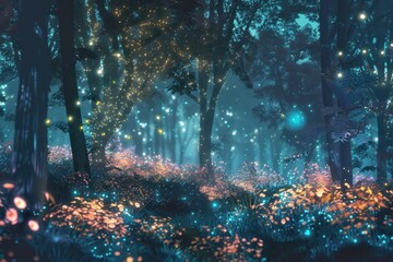 Obraz premium A holographic forest, with trees and plants glowing softly in the dark.