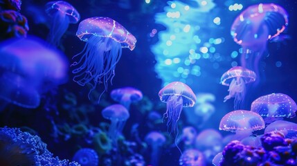 Fototapeta premium A stunning underwater scene featuring glowing jellyfish against a vibrant blue backdrop, showcasing their ethereal beauty.