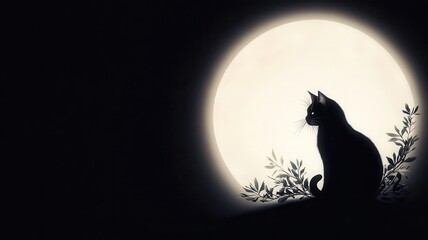 A lone black cat silhouetted against a full moon, minimalist style, eerie shadows cast, Halloween, Spooky, Mystery