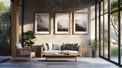 Fototapeta premium Modern living room with large windows showcasing nature, framed artwork, and stylish furniture in soft afternoon light