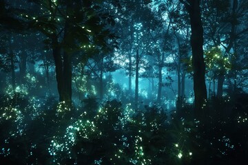 Obraz premium A holographic forest, with trees and plants glowing softly in the dark.