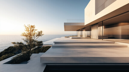 Fototapeta premium Minimalist luxury living architecture with concrete and glass, overlooking the ocean under a sunny clear sky.