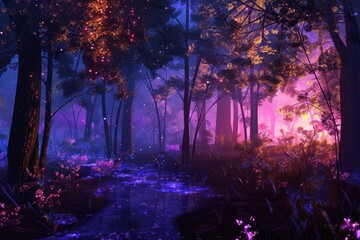 Fototapeta premium A holographic forest, with trees and plants glowing softly in the dark.