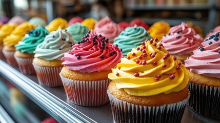 Real 8K Photograph of Colorful Cupcakes with Red, Yellow, and Green Frosting in Plastic Containers on Display at Ice Cream Shop with Blurred Background