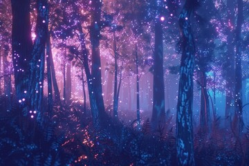 A holographic forest, with trees and plants glowing softly in the dark.