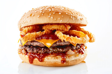 Texas burger with crispy onion rings and barbecue sauce