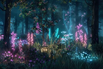 Fototapeta premium A holographic forest, with trees and plants glowing softly in the dark.