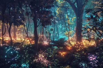 A holographic forest, with trees and plants glowing softly in the dark.