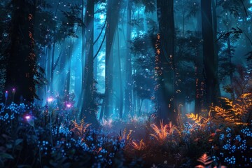 Fototapeta premium A holographic forest, with trees and plants glowing softly in the dark.