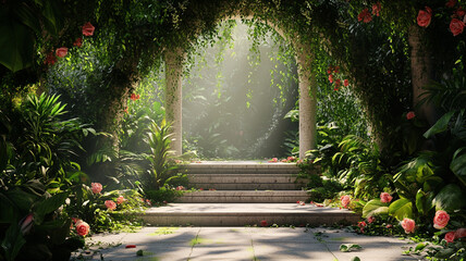 Serene garden pathway with lush greenery and soft sunlight filtering through foliage
