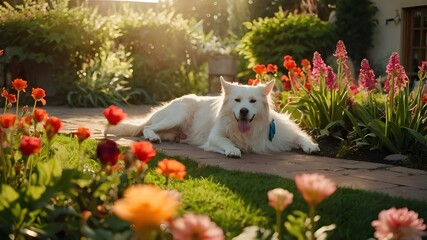 A majestic cat and dog duo, lounging in a sun-drenched garden with vibrant flowers and lush greenery, their fur glistening in the warm light.