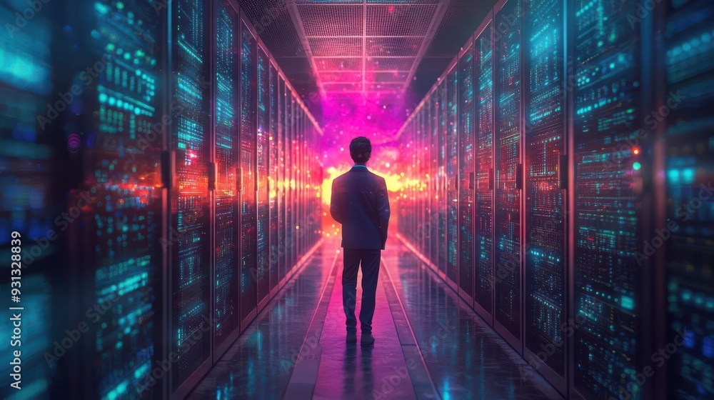 Poster specialist conducting data mining operations in a server room