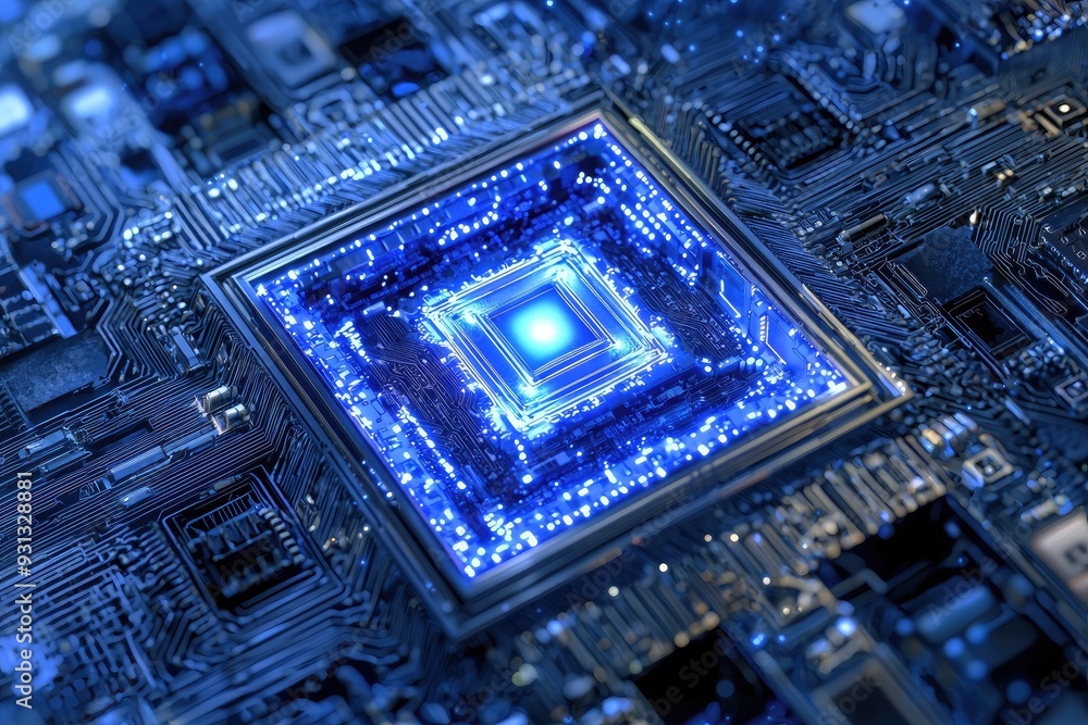 Poster close-up view of a glowing microchip on a circuit board, showcasing intricate technology and modern 