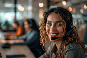 Close up portrait of call center agent working in a professional setting. She is wearing a headset and sitting at her workstation, ready to answer calls and assist customers with their inquiries.