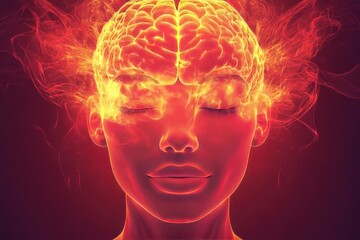 Woman with Neon Brain Activity Representing Mental Power and Intense Creativity