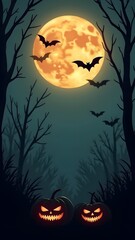 Spooky Halloween scene with glowing jack-o'-lanterns, a full moon, bats, and eerie trees