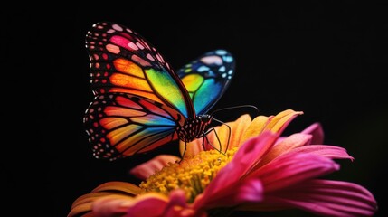 A vibrant butterfly perched on a colorful flower against a dark backdrop.