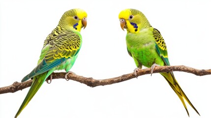 Fototapeta premium Two green parakeets on a branch isolated on white background
