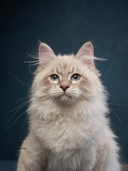 Captured in profile, this Siberian cat soft features and contemplative gaze are set against a dark...