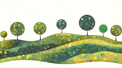 A painting of a hillside with trees and a blue sky