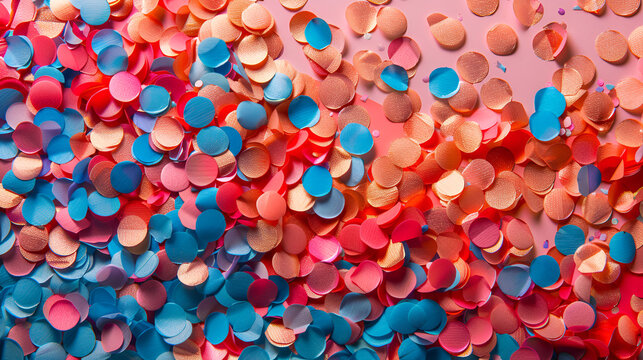 Colorful celebration confetti background ,Confetti in various colors, including gold, pink, and blue , Festive backdrop of sparkles ,Gold colorful confetti of large size on color background