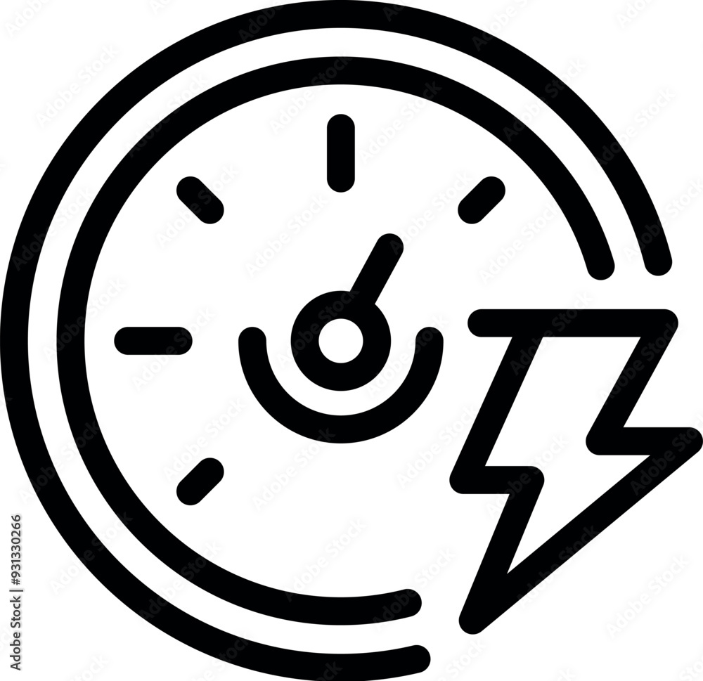 Poster line art icon of a speedometer showing energy consumption with a lightning bolt