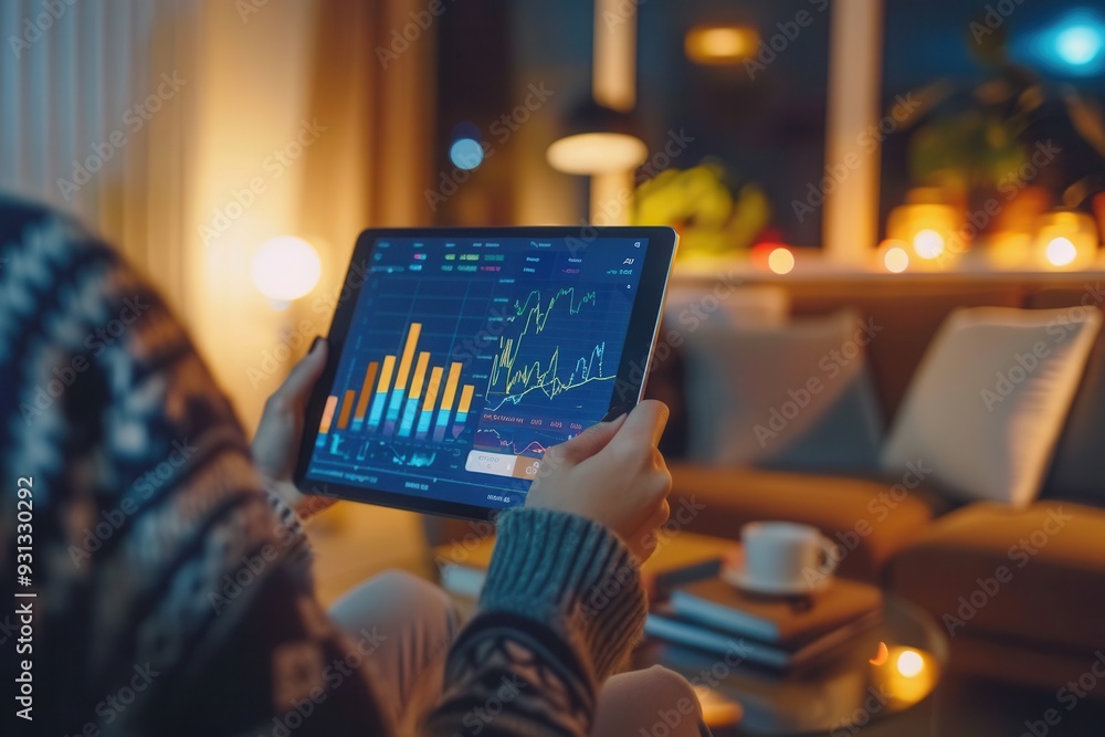 Poster a person reviews financial trends on a tablet while relaxing in a well-lit living room in the evenin