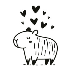Cute capybara with hearts in black and white vector valentines coloring page illustration