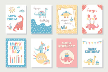 Collection of cute dinosaur cards. Happy Birthday cards and greetings. Hand drawn in pastel colors. Vector illustration.