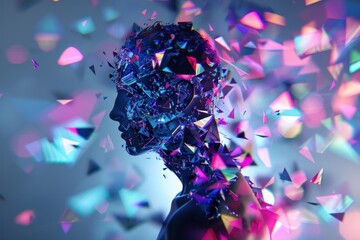 Obraz premium A holographic human silhouette, composed of floating geometric shapes and shifting colors.