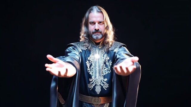 Powerful magician shows tricks with energy. Wizard casts magical spells with hands, creates a ball. Strong sorcerer controls magic. Witcher costume. Magician from kid fairytale. Mysterious ritual.