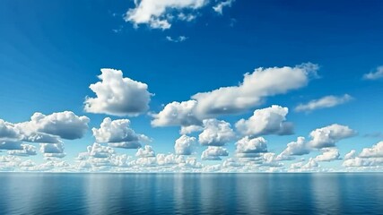 Calm ocean reflects fluffy clouds in bright blue sky during midday
