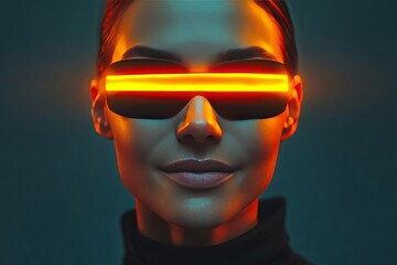 Futuristic portrait of a woman wearing glowing visor glasses with neon lights conveying a high tech sci fi theme in a dark and moody environment