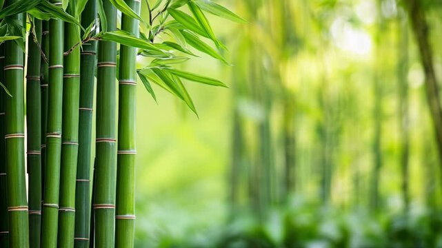 Explore a lush bamboo grove filled with tall, green stalks under soft sunlight in a serene forest landscape.