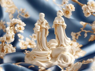 A Chinoiserie-inspired ceramic figurine set displayed on a silk backdrop