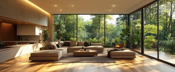 Fototapeta premium Luxurious Living Room With Hardwood Floors And Kitchen View, New And Stylish