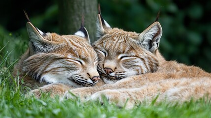 Obraz premium A pair of lynxes lying cozily together, partially hidden in the tall grass.